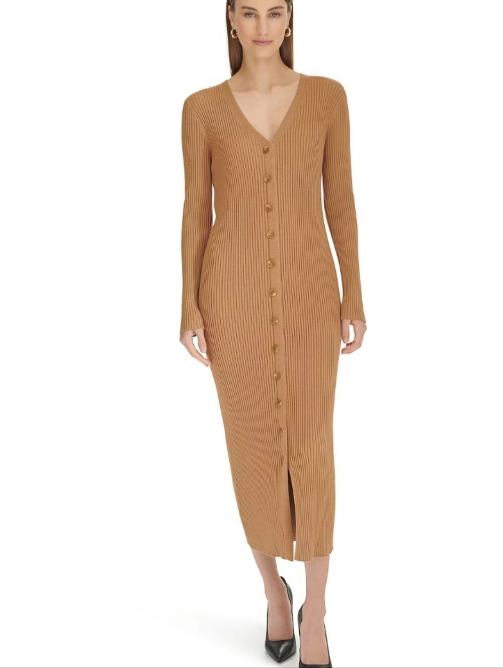 Button-Front V-Neck Button Up Ribbed Knit Midi Dress - Camel